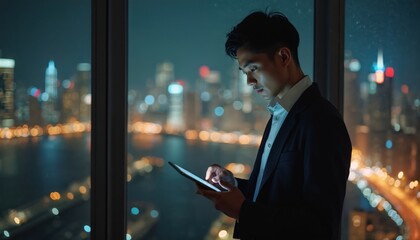 Asian man uses a tablet computer in front of a night city view. Businessman in suit working at modern apartment office. Corporate worker uses digital device at evening.