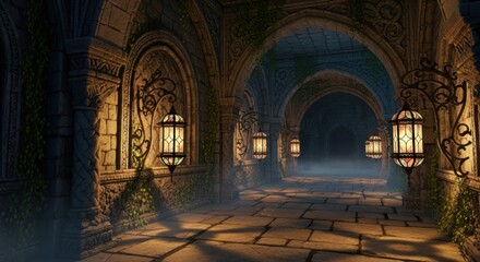 Fototapeta premium Mystical Ancient Stone Tunnel with Lanterns and Fog Creating Enchanting Atmosphere