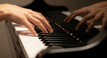 Fototapeta premium Closeup of hands playing the piano, with focus on the fingers pressing the keys, creating a musical and artistic image of a classical instrument