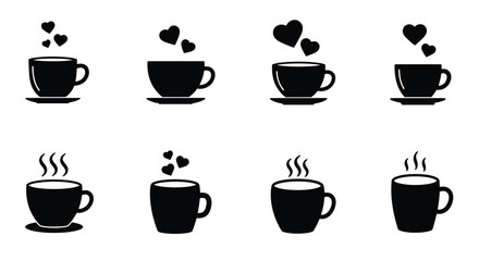 Black and white illustration showing four coffee cups with hearts and steam
