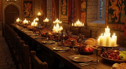 Medieval Banquet Table Filled with Candles Fruits and Roasted Meats in Historic Castle Setting