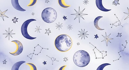 Naklejka premium Whimsical watercolor pattern of moons stars and constellations on a soft lavender background