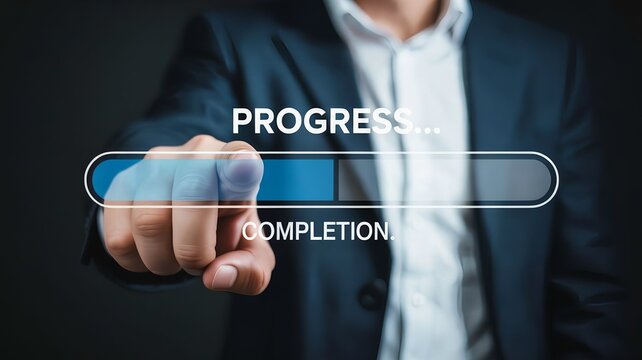 Businessman s finger touches a digital progress bar indicating completion and advancement
