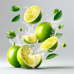 Lime Burst: Vibrant green limes, bursting with freshness, are captured mid-air, surrounded by a splash of water, showcasing the zesty essence and natural beauty.