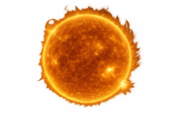 Sun star burning plasma surface ejecting solar flares creating heat and energy on transparent background