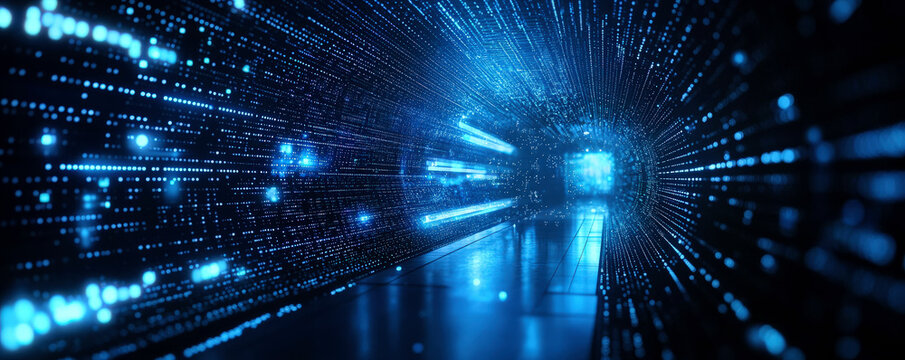 Futuristic digital tunnel with glowing lights and data patterns