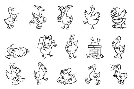 Whimsical Naughty Goosemas Clipart ,Funny Christmas Goose Illustrations in Hand-Drawn Style, Perfect for Holiday Crafts, Stickers, Cards, Invitations, Decorations, and Festive Digital Projects.