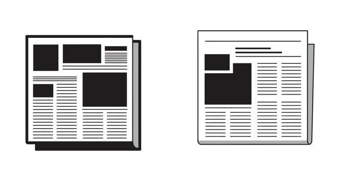 Simple black and white illustration of two folded newspaper layouts