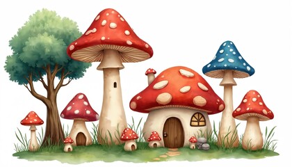 Naklejka premium Whimsical mushroom village illustration with cute fantasy houses. Red, blue fungi homes sit on green grass near big tree. Fairytale garden scene for kids books, game art, children story background.