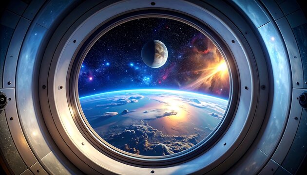 Earth and Moon View from Space Station Window.