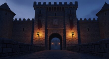 Historic Castle Entrance Illuminated at Night with Stone Walls and Towered Gates