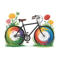 A whimsical bicycle with rainbow wheels blooming amidst vibrant spring flowers vector illustration