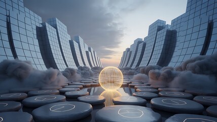 Step into the future with this stunning metaverse landscape featuring glowing orbs and towering digital architecture, perfect for innovative tech ventures and creative marketing campaigns