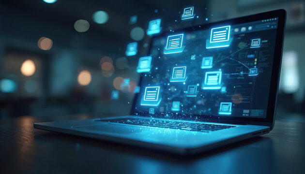 Digital documents interface on laptop screen. Data files connect in network system. Futuristic tech concept for cloud storage and information management. - Powered by Adobe
