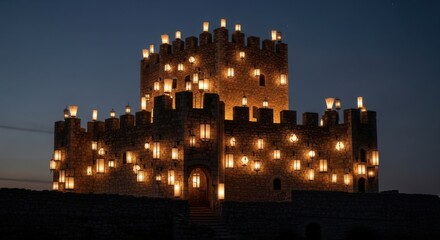Medieval Castle at Night Illuminated by Thousands of Lanterns with Dark Sky