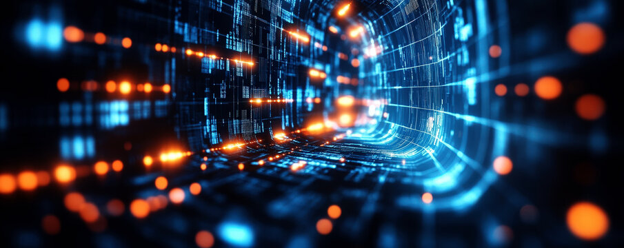 Futuristic digital tunnel with glowing lights and abstract patterns