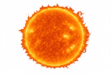 Sun producing solar flares and prominences showing intense heat and energy, transparent background