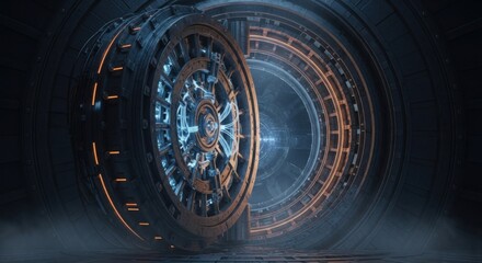 Futuristic Space Station Inner Circular Corridor with Metallic Doors and Neon Lighting