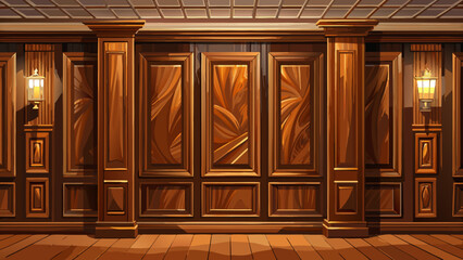 Rich walnut wooden wall panels, deep brown hues, fine detailed grain, soft lighting reflections, vector illustration, perfect for modern interiors, classic furniture, and elegant decorative design 