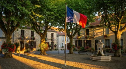 French Village Square with Flag and Flowering Trees in Sunset Light