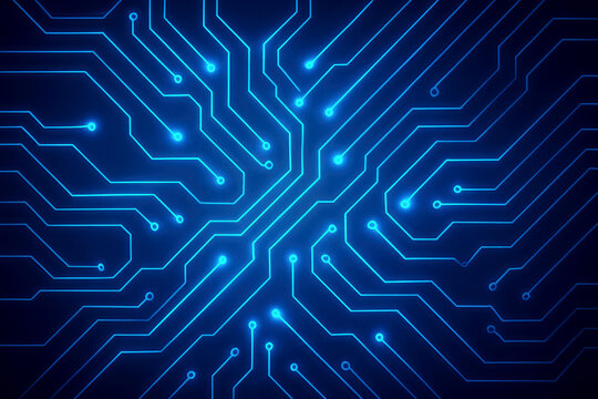 Abstract blue glowing circuit board pattern with interconnected lines and nodes technology