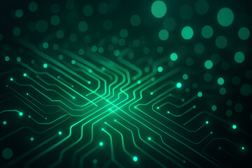Abstract digital background with intricate glowing green circuit board pathways and bright illuminated nodes