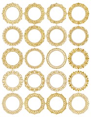 Twenty-five gold circular ornamented frames on a white backdrop