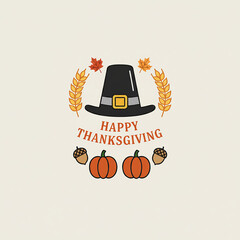 Happy Thanksgiving Slogan with Pilgrim Hat, Pumpkins, and Harvest Elements. 