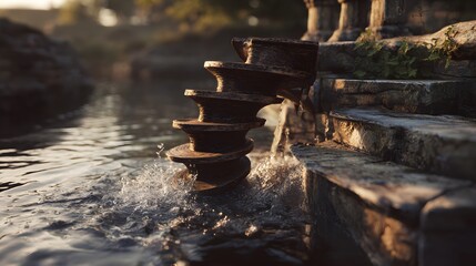 Tranquil water wheel scene flowing stream ancient architecture nature photography landscape peaceful scenery