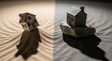 Miniature House Models on Sand and Rock with Dramatic Shadows in Artistic Composition