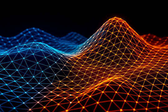 Abstract digital landscape of interconnected nodes forming mountains in blue and orange network