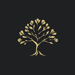Naklejka premium Golden tree illustration with stylized branches and leaves against a dark background, creating a simple yet elegant design.