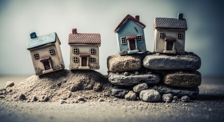 Miniature Ceramic Houses on Stacked Rocks in Natural Light for Real Estate or Home Decor Themes