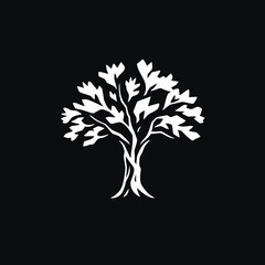 A stylized white tree silhouette against a stark black background, showing detailed branches.