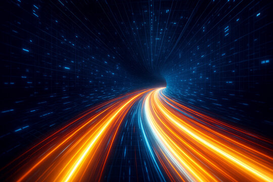 Abstract digital tunnel with glowing orange and blue light trails and grid pattern speed motion