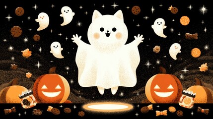 Cute Ghost Cat in Halloween Scene Surrounded by Ghosts and Treats