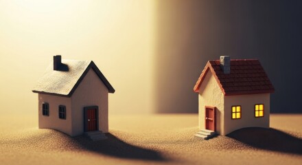 Miniature House Models with Warm and Cool Lighting in Creative Home Decor Display