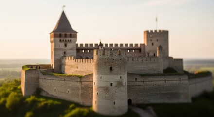 Medieval Stone Castle Fortress with Tall Towers and Defensive Walls at Sunset