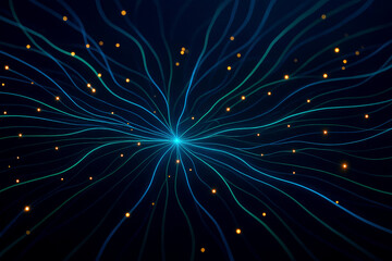 Abstract Network of Glowing Blue and Green Lines with Yellow Orbs on Dark Background image photo