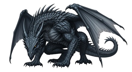 Naklejka premium Black dragon with wings spread, isolated on white background
