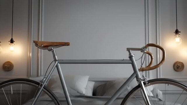 A bicycle with wooden saddle and handlebars rests in a room lit by hanging bulbs