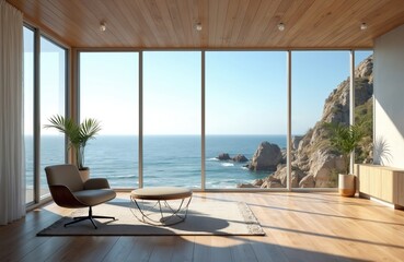 Fototapeta premium Modern minimalist living space features large panoramic windows. Calm blue ocean water, rugged rocky cliff view from inside luxurious home. Light wood floor, ceiling, sleek armchair, round coffee
