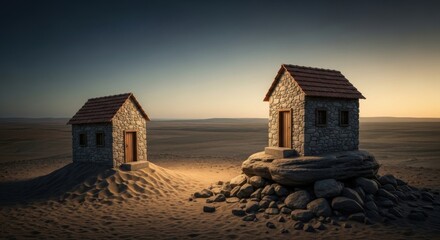 Small Stone Houses on Sand Dunes Under Sunset Sky in Desert Landscape