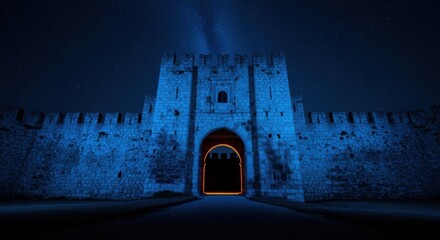 Ancient Stone Castle Fortress Under Starry Night Sky with Blue Lighting