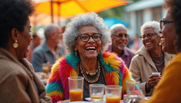 Group of senior friends laugh at outdoor community gathering. People enjoy celebration with drinks and good vibes. Diverse friends at party, having fun together in sunny weather.
