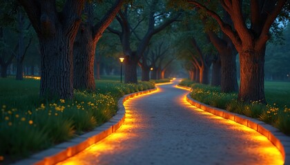 Park pathway glows with warm orange light at dusk. Winding road lined by big trees, green grass. Small yellow flowers grow by modern illuminated path. Tranquil evening nature scene shows future