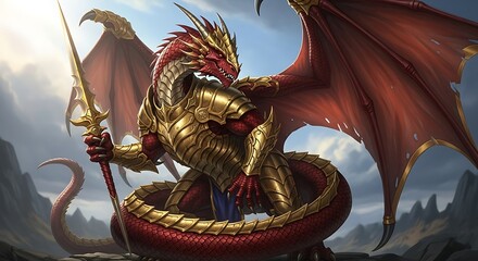 A red and gold armored dragon stands guard with a spear