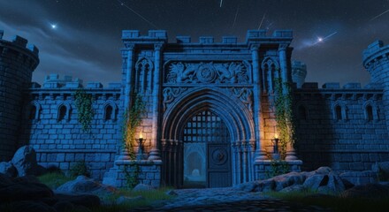 Ancient Castle Entrance Night Scene Under Starry Sky with Illuminated Gates