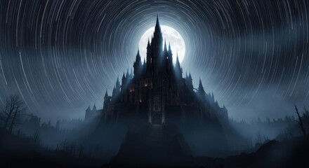 Dark Fantasy Castle Under Full Moon Surrounded by Star Trails at Night