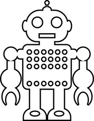 Retro robot icon in line style vector of vintage androids, droids, bots, cyborgs, mechanical machines and humanoid robots.